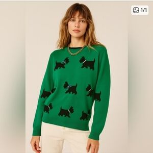 Green Sweater with Black Dog Pattern